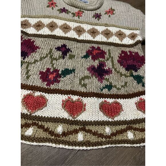 Vintage 90s Cabin Creek Women Knit Sweater Granny Beige Hearts Floral Size L - Picture 2 of 9